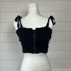 Urban Outfitters Black Corset‎ Crop Top Medium Tie Straps Ruched Hook Front